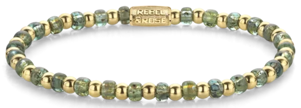 Pulsera de piedras de vidrio verdes de 4 mm, piedras de acero chapadas en oro y cierre de acero inoxidable - Modelo Rebel&Rose: RR-40145-G-S