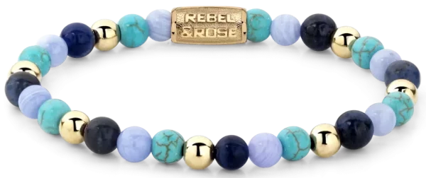 Pulsera de piedras de 6mm Sodalita, Turquesa y Calcedonia Azul con piedras doradas y cierre de acero inoxidable - Modelo Rebel&Rose: RR-60043-G-S