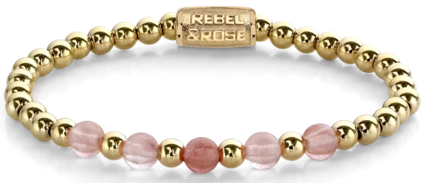 Pulsera de piedras rosas y doradas de 6 mm con cierre de acero inoxidable - Modelo Rebel&Rose: RR-60081-G-M