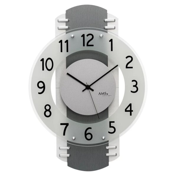 Reloj de pared AMS 5618 con carcasa de madera y revestimiento de aluminio.