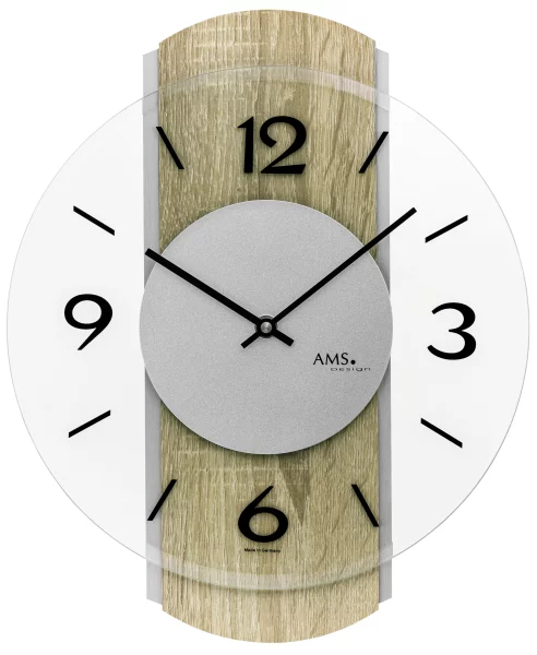 Reloj de pared de cuarzo AMS 9706 - Caja de madera Sonoma con aplicaciones de aluminio.