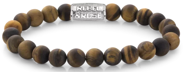 Pulsera de piedras de ojo de tigre de 8 mm con cierre de acero inoxidable - Modelo Rebel&Rose: RR-80023-S-M.
