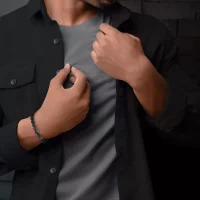 Pulsera de piedras Larvikit de 8 mm con cierre de acero inoxidable - Modelo Rebel&Rose: RR-80025-S-M