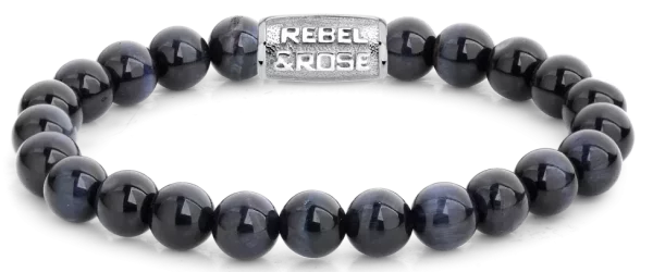 Pulsera de piedras de ojo de tigre azul oscuro de 8 mm con cierre de acero inoxidable - Modelo Rebel&Rose: RR-80039-S-L
