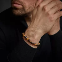 Pulsera de piedras de ojo de tigre de 8 mm con cierre de acero inoxidable - Modelo Rebel&Rose: RR-80042-S-M