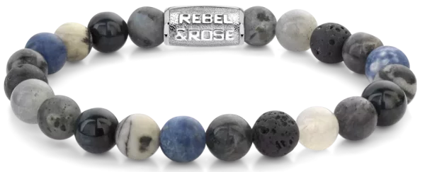 Pulsera de 8 mm de sodalita azul, ágata, ojo de tigre azul, larvikita gris, labradorita y piedras de lava con cierre de metal - Modelo Rebel&Rose: RR-80114-S-M