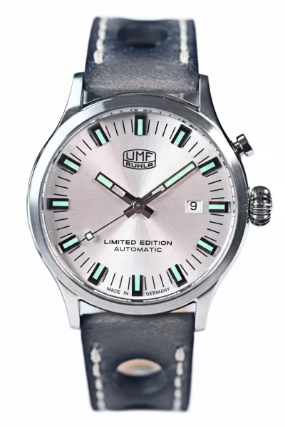 Reloj de hombre de acero inoxidable plateado con correa de cuero - Modelo UMF-Ruhla: 1252-1