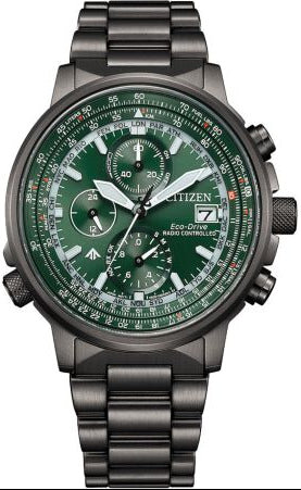 Citizen Promaster Sky Eco-Drive Herrenuhr, Funk-Solaruhr aus Edelstahl, grünes Zifferblatt (AT8304-57W)