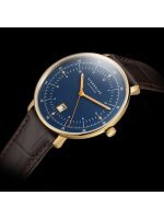 Elegante Herrenuhr Hamburg Quarz Saphirglas Datumsanzeige Dunkelblau Goldfarben Lederarmband - Sternglas Modell: S01-HH07-HE01