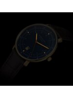 Elegante Herrenuhr Hamburg Quarz Saphirglas Datumsanzeige Dunkelblau Goldfarben Lederarmband - Sternglas Modell: S01-HH07-HE01