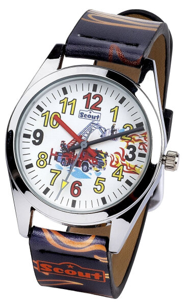 Scout Kinderuhr analog aus der Serie "Classic" mit mehrfarbigem Kunstlederband mit Flammen, Feuerwehr-Motiv und Quarzwerk