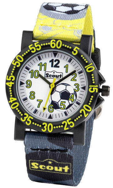 Scout Kinderuhr analog aus der Serie "The IT-Collection" mit gelb grünem Kunstlederband Fußball-Motiven und Quarzwerk